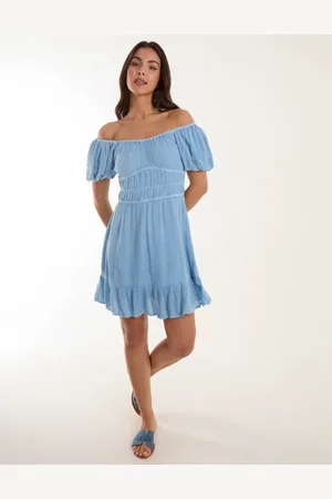 Blue Vanilla Puff Ball Bardot Mini Dress - 8 /