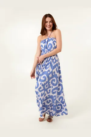 Blue Vanilla Bandeau Printed Shirred Waist Maxi Dress - L /