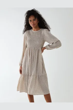 Blue Vanilla Printed Long Cuff Sleeve Shirred Waist Dress - 8 /