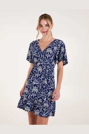 Blue Vanilla Button Through Elastic Waist Tropical Mini Dress - L/XL /