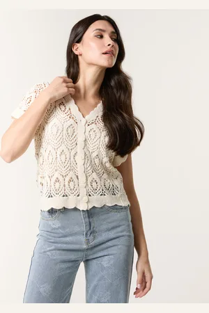 Blue Vanilla Short Sleeved Button Crotchet Top - L /