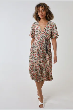 Blue Vanilla Wrap Front Pleated Hem Dress With Angel Sleeves - 8 /