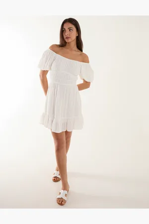 Blue Vanilla Puff Ball Bardot Mini Dress - 10 /
