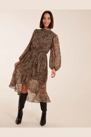 Blue Vanilla Leopard Print High Neck Wrap Frill Hem Midi Dress - 8 /
