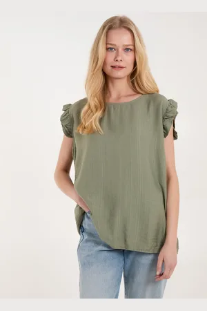 Blue Vanilla Button Back Frill Shoulder Top - S/M /
