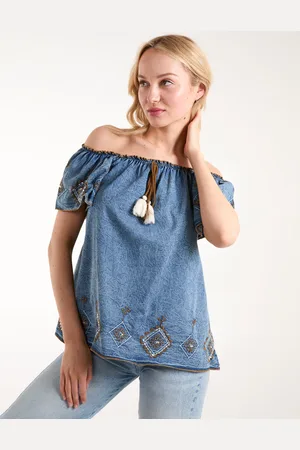Blue Vanilla Denim Embroidered Bardot Top - S /