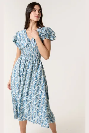 Blue Vanilla Double Frill Shirred Midi Dress - L /