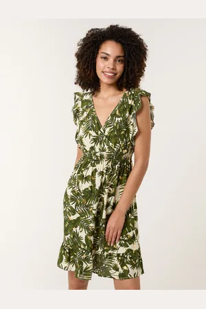 Blue Vanilla Tropical Dress With Palm Leaf Print - L /