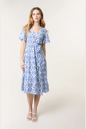 Blue Vanilla Diamond Print Button Front Midi Dress - L /