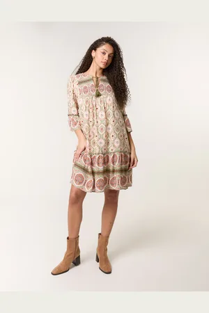 Blue Vanilla Mix Print Smock Dress With Tassel Tie - L /