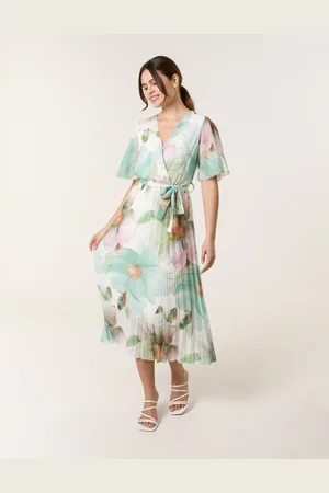 Blue Vanilla Watercolour Floral Printed Wrap Front Pleated Dress - M /