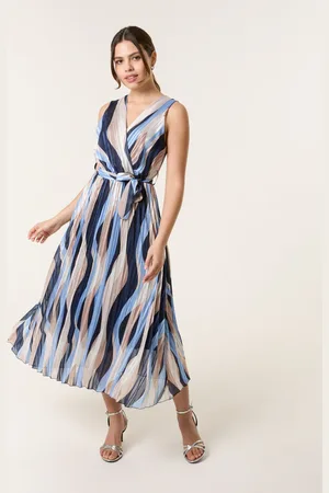 Blue Vanilla Squiggle Print Sleeveless Wrap Pleat Dress - L/XL /