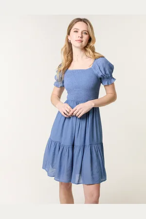 Blue Vanilla Shirred Puff Sleeve Mini Dress - L /