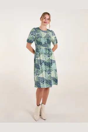 Blue Vanilla Shirred Bust Puff Sleeve Patchwork Mini Dress - L/XL /
