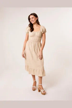 Blue Vanilla Puff Sleeve Shirred Panel Dress - L /