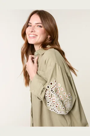 Blue Vanilla Embroidered Sleeve Linen Shirt - S/M /