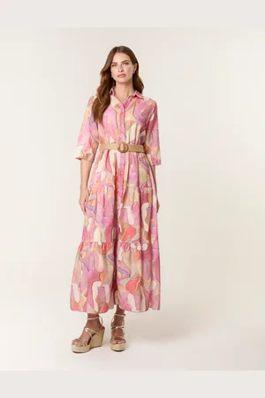 Blue Vanilla Watercolour Linen Like Woven Belted Tiered Dress - M/L /