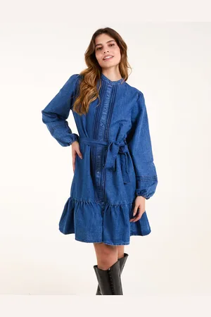Blue Vanilla Pintuck Belted Chambray Dress - L /