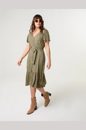 Blue Vanilla Coconut Button V Neck Tie Waist Midi Dress - L /