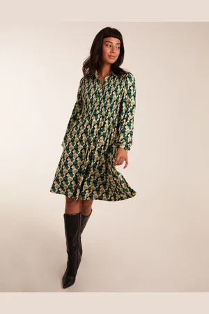Blue Vanilla Geometric Print Shirred Bust Long Sleeve Shirt Dress - L /