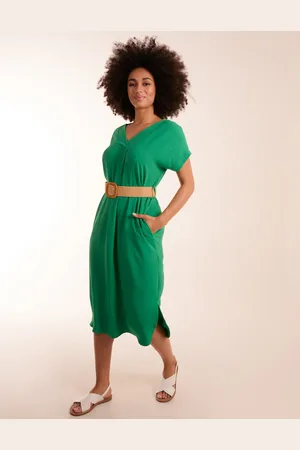 Blue Vanilla Belted V neck Midi Dress - ONE /