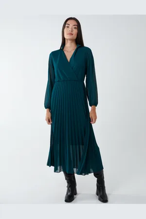 Blue Vanilla Collar V-Neck Pleated Midi Dress - M /