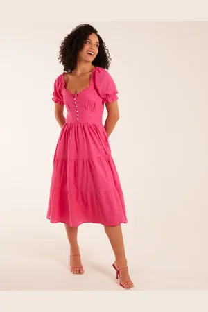 Blue Vanilla Puff Sleeve Button Through Midi Dress - 10 /
