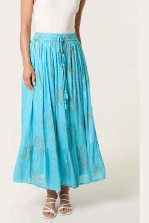 Blue Vanilla Gold Foil Print Peplum Hem Skirt - M/L /