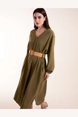 Blue Vanilla V Neck Long Sleeve Dress With Woven Belt - S/M /