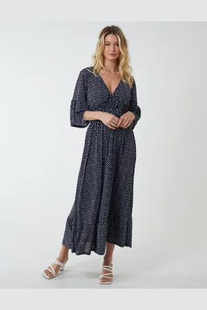 Blue Vanilla Elasticated Neck Shirred Waist Midi Dress - L /
