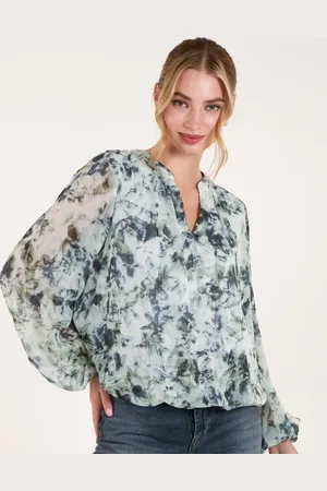 Blue Vanilla Grandad Collar Puffball Watercolour Top - M /