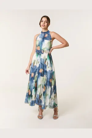 Blue Vanilla Flower Print Pleated Swirl Dress - M/L /