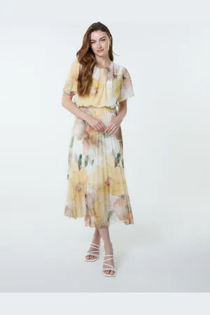 Blue Vanilla Floral Scoop Neck Flutter Sleeve Pleat Dress - L /