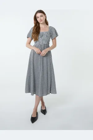 Blue Vanilla Shirred Gingham Midi Dress - L/XL /
