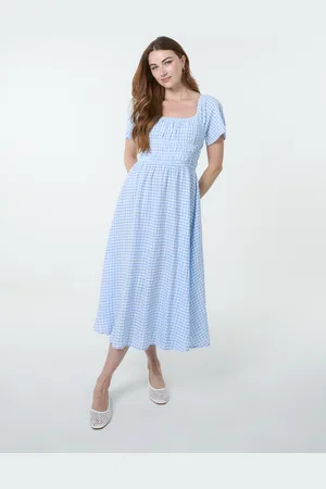 Blue Vanilla Shirred Gingham Midi Dress - L/XL /