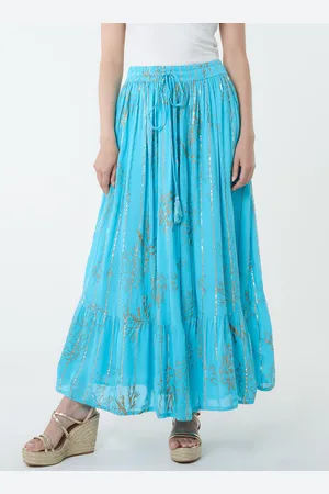 Blue Vanilla Gold Foil Print Peplum Hem Skirt - M/L /