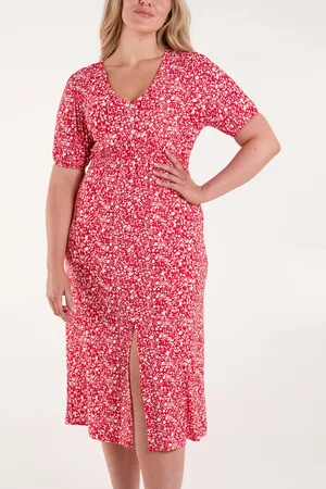 Blue Vanilla Short Sleeve Button Front Split Front Midi Dress - L/XL /