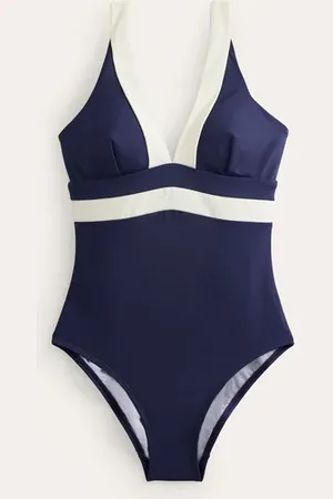 Piped Raglan Sleeve Swimsuit - Navy/ Green Colourblock