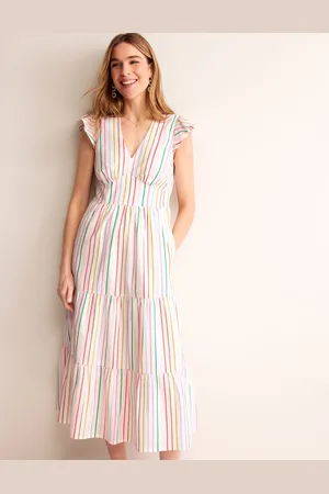 Boden May Cotton Midi Tea Dress-Rainbow Seersucker Stripe Female