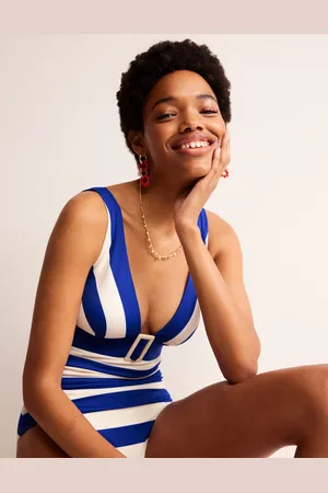 Boden Resin Buckle V-neck Swimsuit-Blue/Ivory Stripe Female