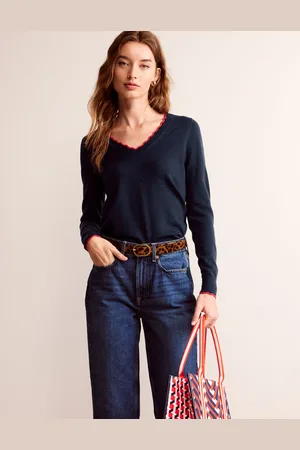 Boden Merino Scallop V-Neck Jumper-Navy Female
