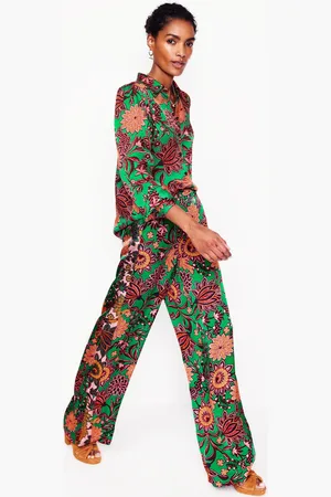 Boden Wide Leg Pull-on Trousers-Rich Emerald, Ornate Bud Female