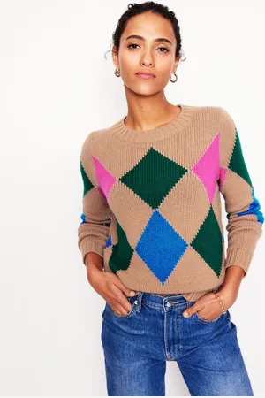 Boden Argyle Crew Neck Jumper-Camel Melange, Multi Female