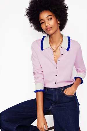 Boden Frilled Cotton Blend Cardigan-Soft Lavender Pink Female