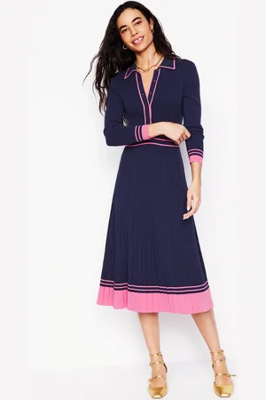 Boden Collared Pleated Knitted Dress-Navy/Pink Colourblock Female
