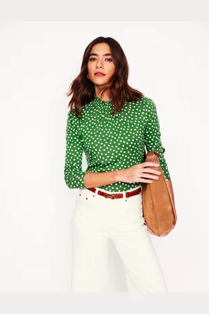 Boden Smocked Neck Printed Top-Promenade Green, Abstract Dot Female