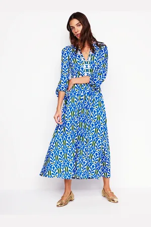 Boden Lily Long Sleeve Midi Dress-Gallery Blue, Leaf Terrace Female