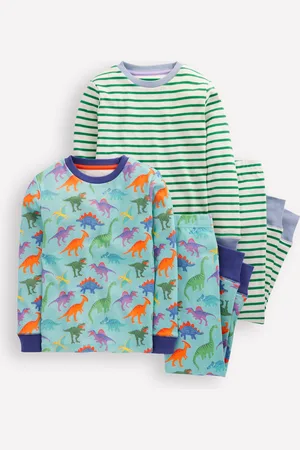 Boden Snug Twin Pack Pyjamas-Blue Dinos and Green Stripe Male