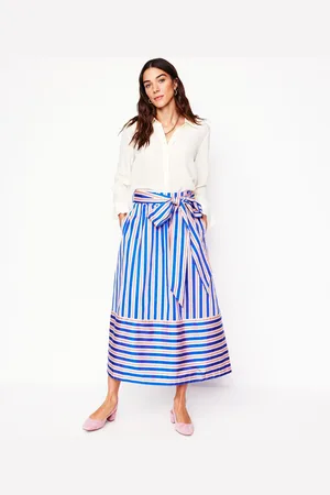 Boden Tie Belt Sateen Midi Skirt-Blue and Terracotta Stripe Female