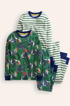Boden Snug Twin Pack Pyjamas-Green Dragon and Stripe Male